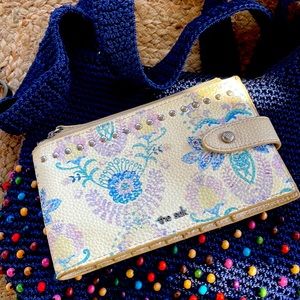 TheSac Bali crochet beaded bag, nwot and pre- loved large botanical wallet.